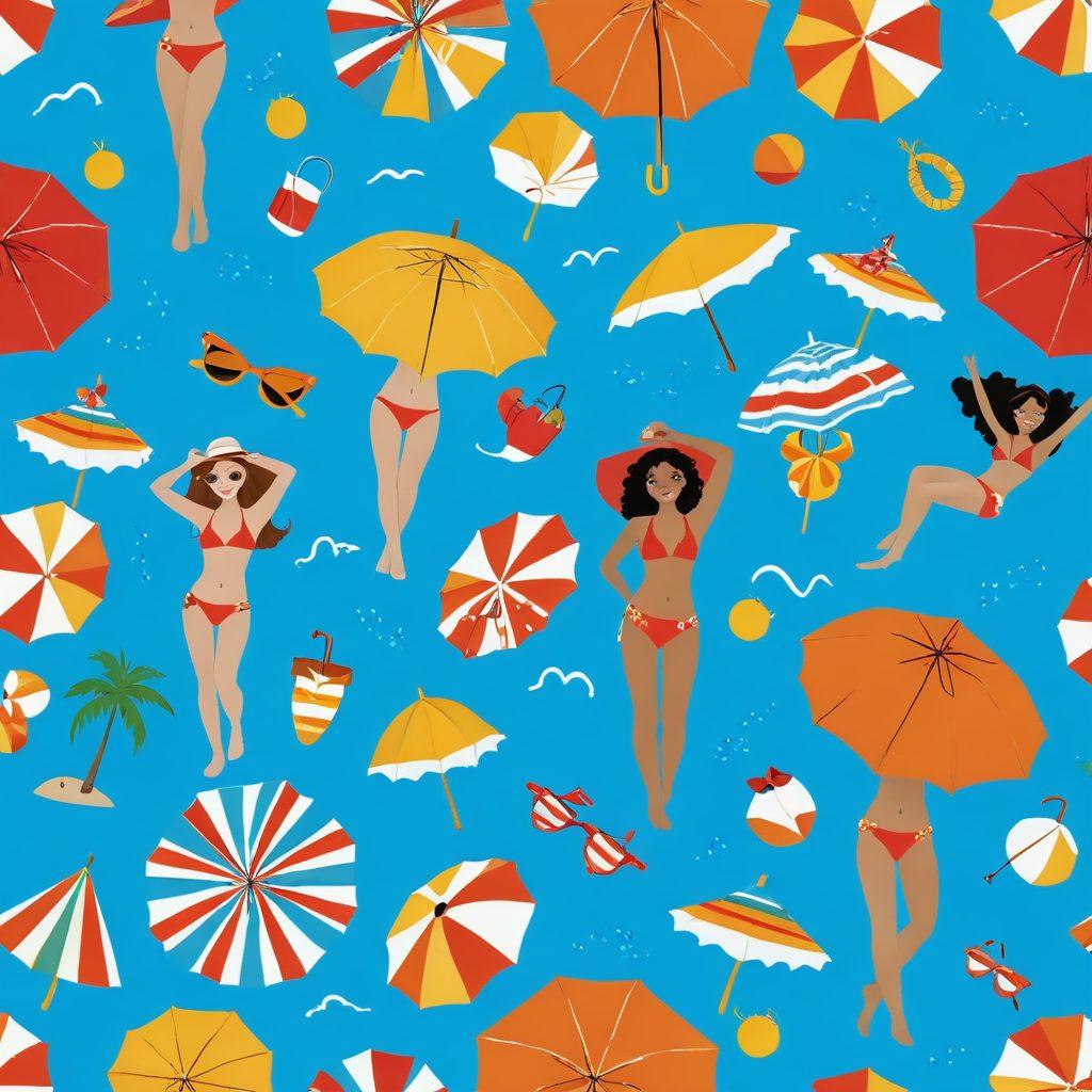 A vibrant beach scene featuring animated icons in various stylish bikinis that blend cuteness and confidence. The setting includes colorful beach umbrellas, cheerful waves, and a sunny sky, with characters showcasing playful poses, expressing joy and confidence. Incorporate an array of bold patterns and bright colors reflecting summer vibes. super-realistic. vibrant colors. cartoonish elements.