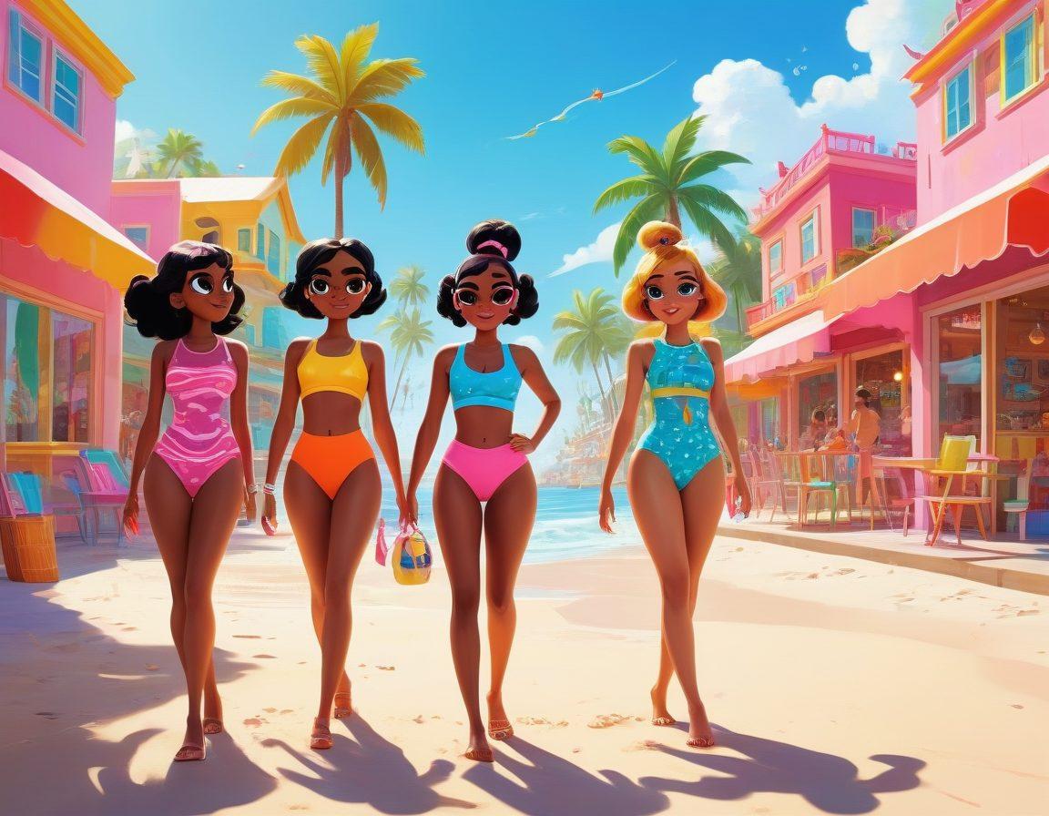 A vibrant scene featuring three stylized characters inspired by the Powerpuff Girls, confidently rocking colorful swimsuits by a sunny beach. In the background, a lively boardwalk with quirky shops and happy beachgoers enhances the summer vibe. The characters should have playful expressions, showcasing their unique personalities, with gentle waves and palm trees framing the scene. This image should feel energetic and fun, capturing the spirit of summer adventures. cartoon style. bright colors. high contrast.