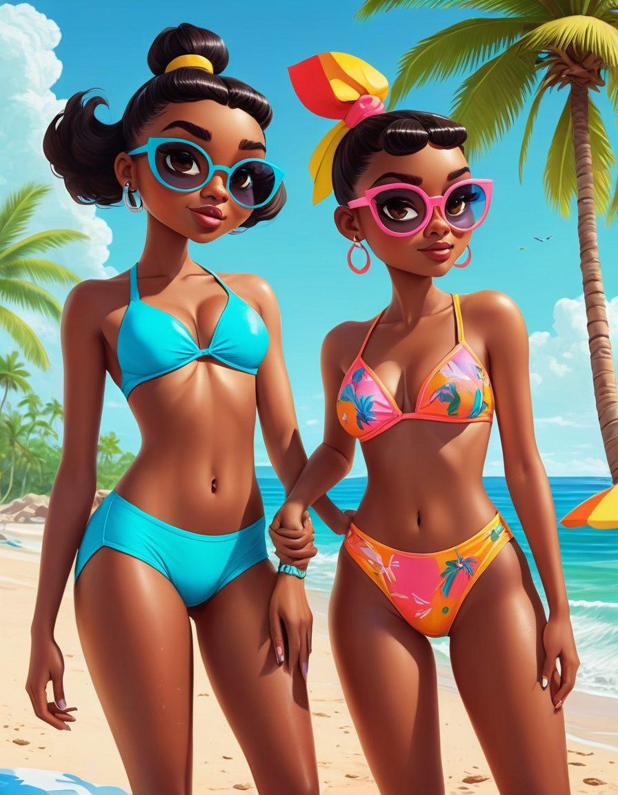 A vibrant, playful illustration featuring three cartoon characters resembling the iconic Powerpuff Girls, each donning stylish, trendy bikinis inspired by their unique colors and personalities. The background should be a sunny beach scene with palm trees and a clear blue sky, capturing a sense of fun and empowerment. The characters should be posed confidently, showcasing their fun and fashionable swimwear, embodying the spirit of cartoon inspiration and self-expression. super-realistic. vibrant colors. playful style.